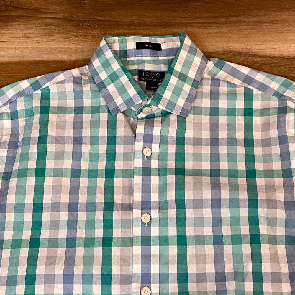 J Crew Shirt Mens Small Slim Fit Flex Wrinkle Free Plaid Button Up Blue Green
